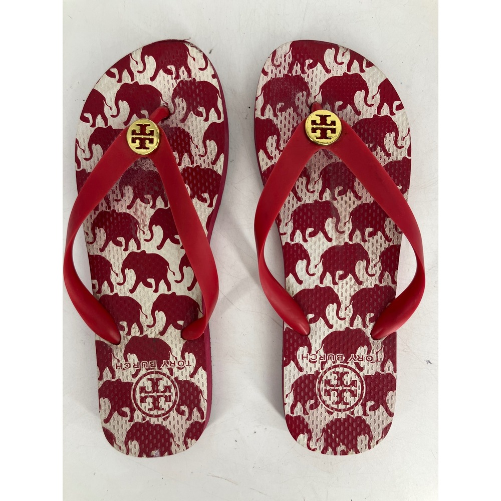 Tory Burch Flip Flops Womens Red White Excellent Floral Logo Medallion Sandals 6 - Picture 8 of 8